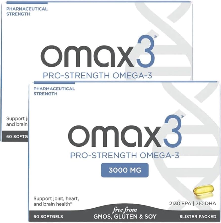Omax3 Pro-Strength Ultra-Pure Omega-3 Huile de poisson - 1000 mg - Soutien musculaire et articulaire professionnel maximal - EPA DHA - Certifié NSF - 60/per Softgel Blister (paquet de 2)