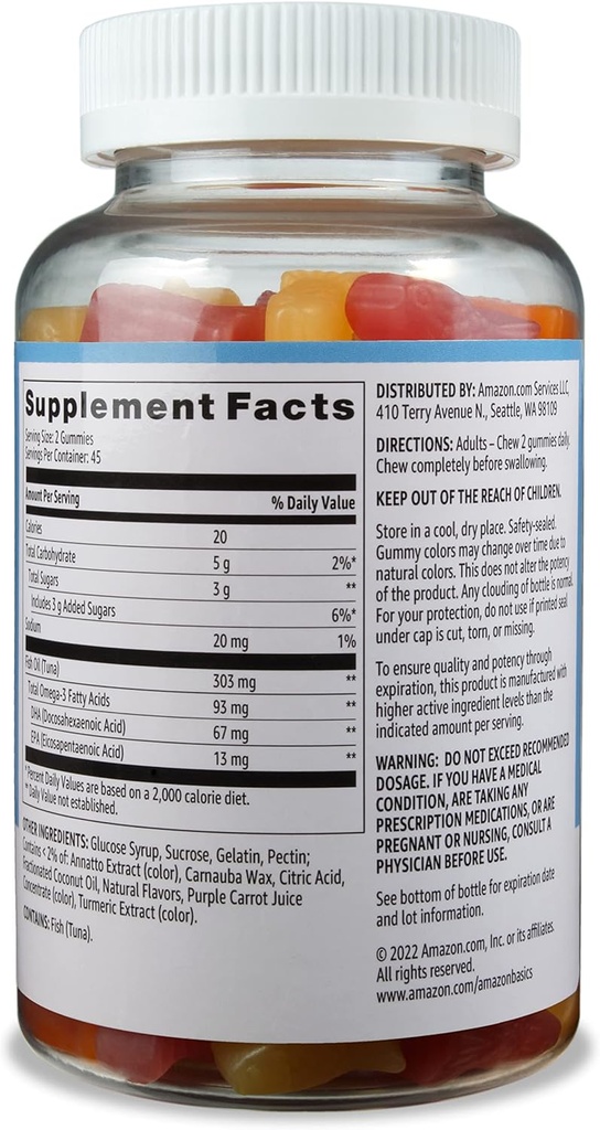 Huile de poisson de base 303 mg, citron, orange et bananiers, 90 gommies (2 par portion), acides gras oméga-3 de l'EPA et du DHA (précédemment Solimo) (paquet de 2)