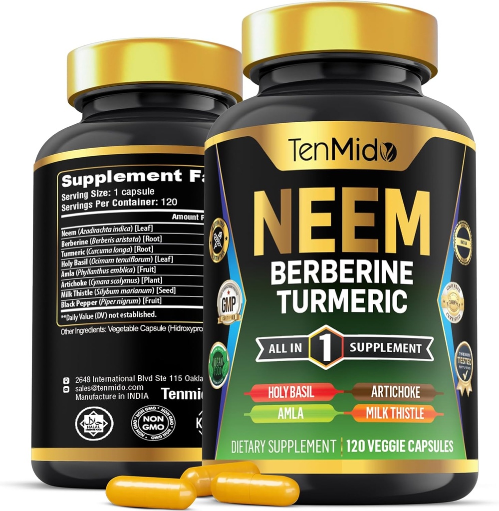 Supplément Neem Leaf - Formule 8in1 - Combiner avec Berberine, Turmeric, Saint Basilic, Amla, Artichaut, Thistle de lait et poivre noir - Soutien immunitaire - 120 capsules pour 4 mois d'approvisionnement