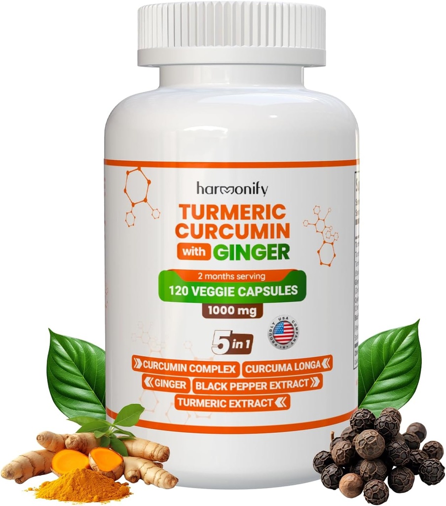 Turmeric Curcumin Supplement with Ginger, Ceylon Cinnamon and Black Pepper Complex 5 in 1 Formula, Curcuma Longa, Max Absorption, 1000 mg, 120 Herbal Extract Capsules