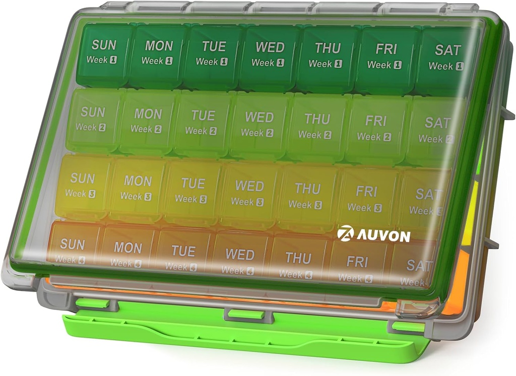 AUVON Moisture-Proof Monthly Pill Organizer, grand 28 jours Pill Box Case avec 4 semaines amovibles Organisateur de médicaments, Voyage-Amis pour stocker les huiles de poisson, vitamines, suppléments, médicaments