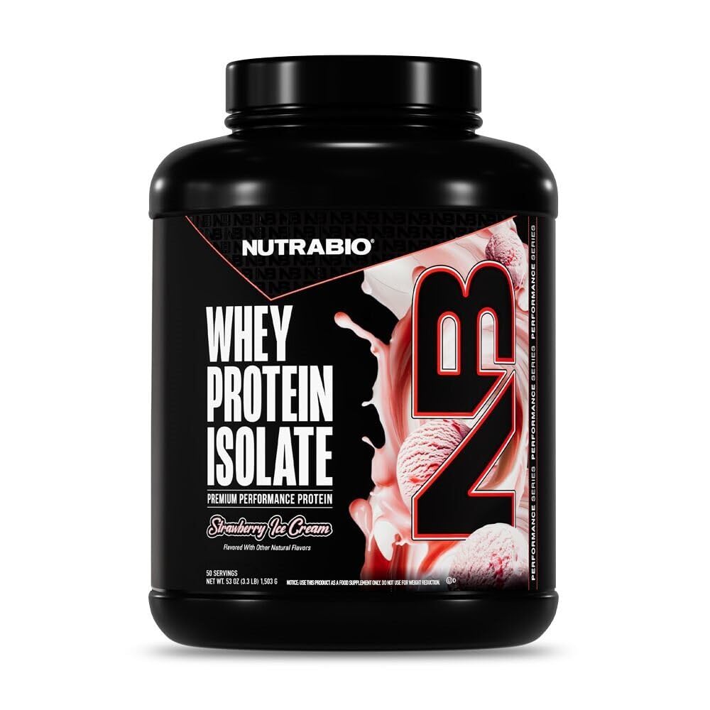 NutraBio 100% Whey Protéine Isolée Poudre Protéine, 25g Protéine avec Profil Acid Amino Complete, sans soja et sans gluten, faible teneur en glucides et faible teneur en calories Poudre Protéine Whey, Crème glacée aux fraises, 5 Lbs.