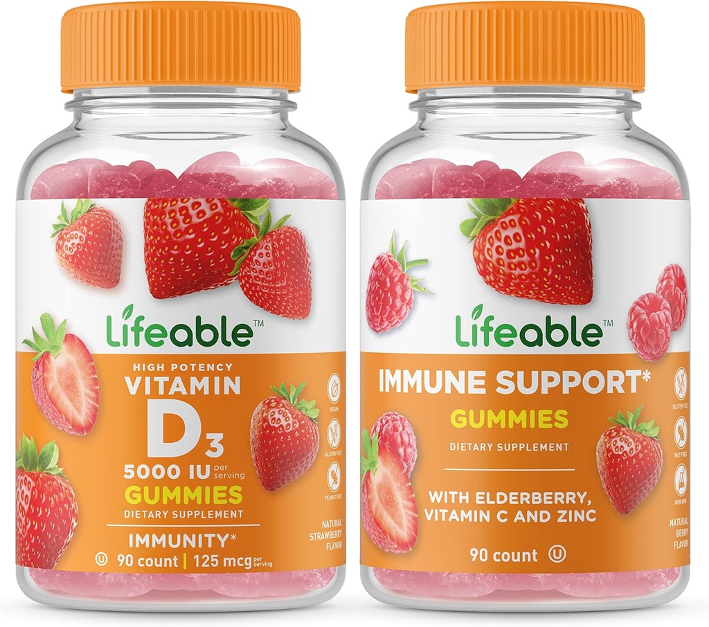 Lifeable Vitamin D 5000 IU + Immune Support, Gummies Bundle - Great Tasting, Vitamin Supplement, Gluten Free, GMO Free, Chewable Gummy