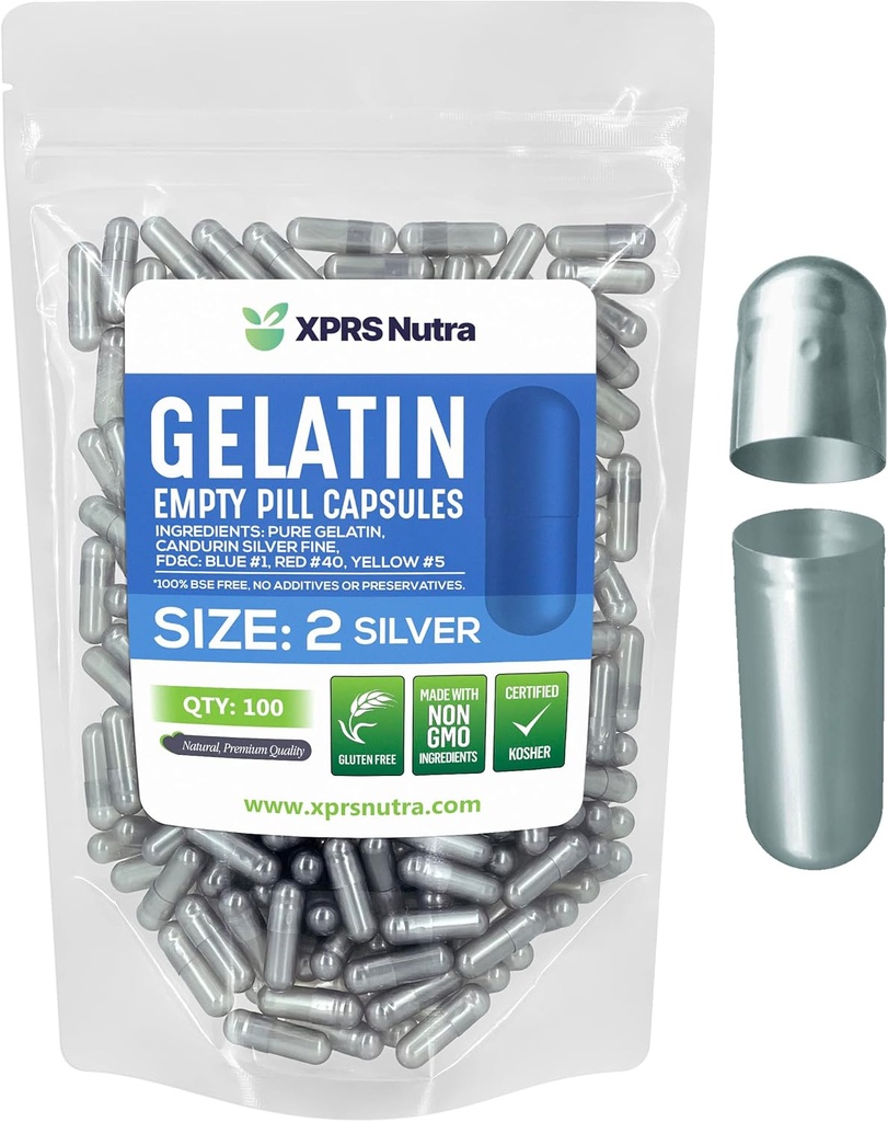 XPRS Nutra Taille 2 Capsules vides - 100 Compte Capsules de gélatine vides - Pills Bricolage Capsule Remplissage - Pure Pilule Gel Caps pour Do-It-Youlf Suppléments (Argent)
