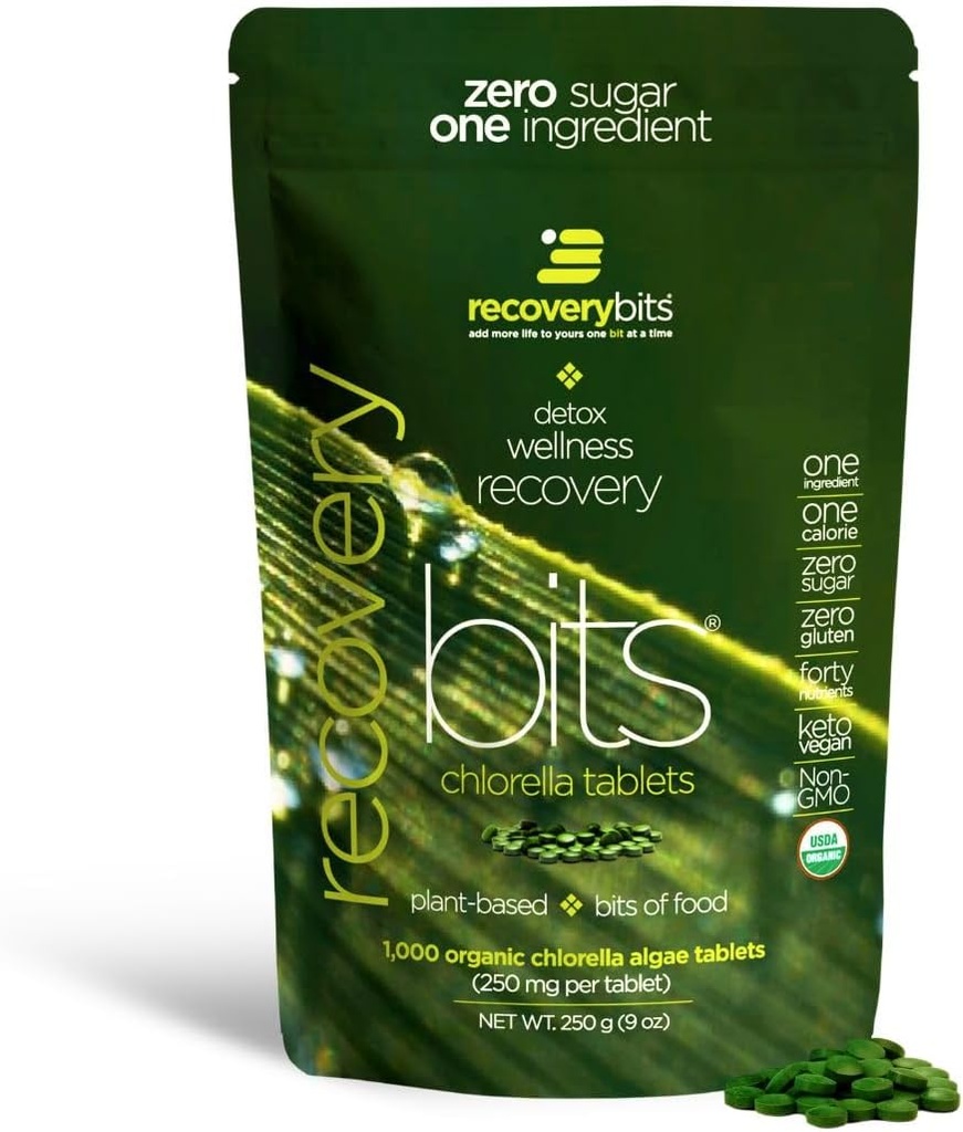 RECOVERYbits - Comprimés de Chlorelle Biologique - Superfood d'algues à base végétale - Chlorophylle - Mur cellulaire craqué - Énergie - Système immunitaire - Détox - Keto - Vegan - Non-OGM - Grand sac - 1000 Comprimés