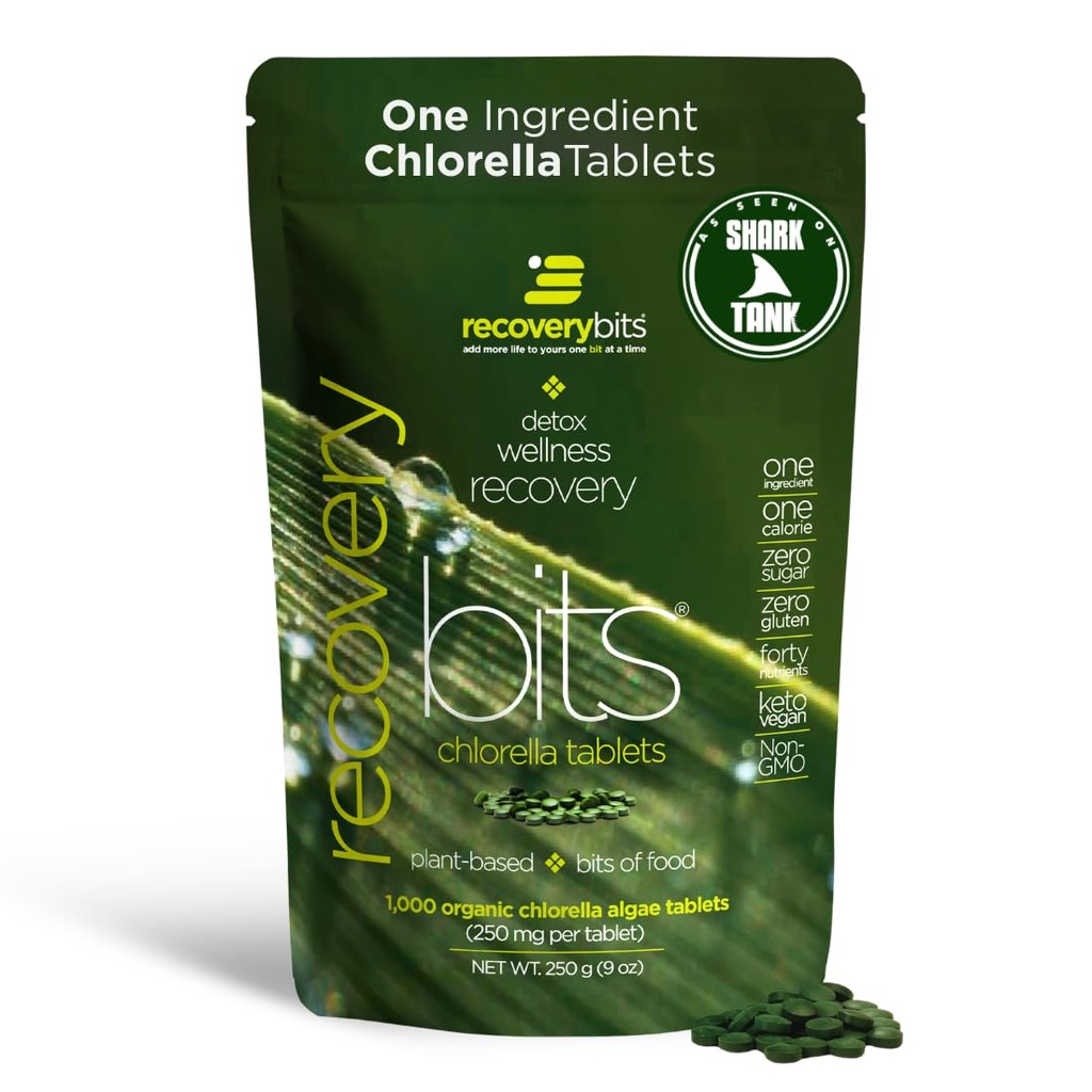 RECOVERYbits - Comprimés de Chlorelle Biologique - Superfood d'algues à base végétale - Chlorophylle - Mur cellulaire craqué - Énergie - Système immunitaire - Détox - Keto - Vegan - Non-OGM - Grand sac - 1000 Comprimés
