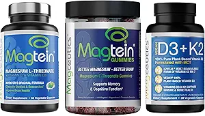 Magtein Magnesium L-Threonate 60 Capsules, Magceutics Adult Gummies 150 Count, Vitamin D3 K2 30 Capsules - Bundle