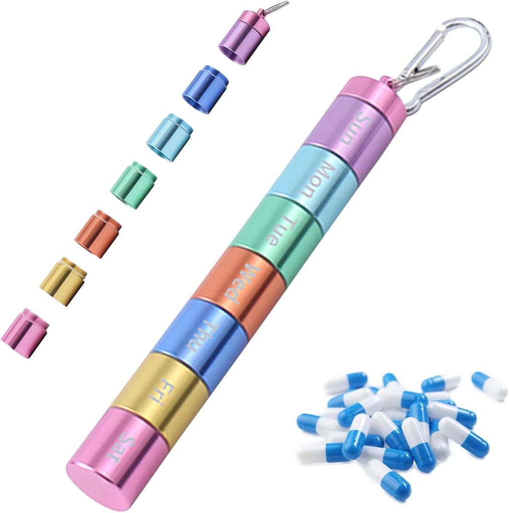 Pill Box Organizer, Portable Weekly Pill Box, 7 jours 1 fois par jour Compartiments Tablet Organizer Box, Rainbow Metal Pill Holder Etanche Pill Case with Keychain for Outdoor Travel Camping Work