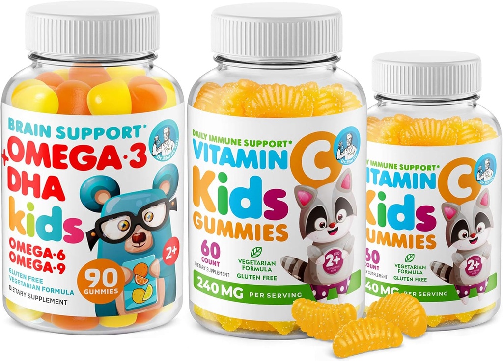 Omega-3 Gommies DHA et vitamines C Gommies pour enfants et adultes – Soutien immunitaire, faible sucre, sans gélatine, végétarien, vitamines à croquer pour les tout-petits