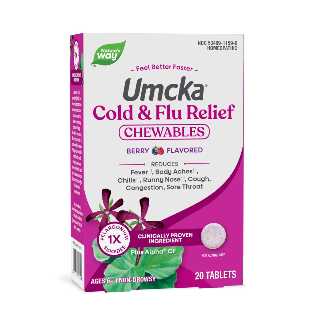 Nature's Way Cold+Flu Relief, Umcka, raccourcit la durée et réduit la gravité, le soulagement multisymptômes, homéopathique, phényléphrine libre, non somnolent, aromatisé aux baies, 20 comprimés à croquer (paquetage mai Vary)