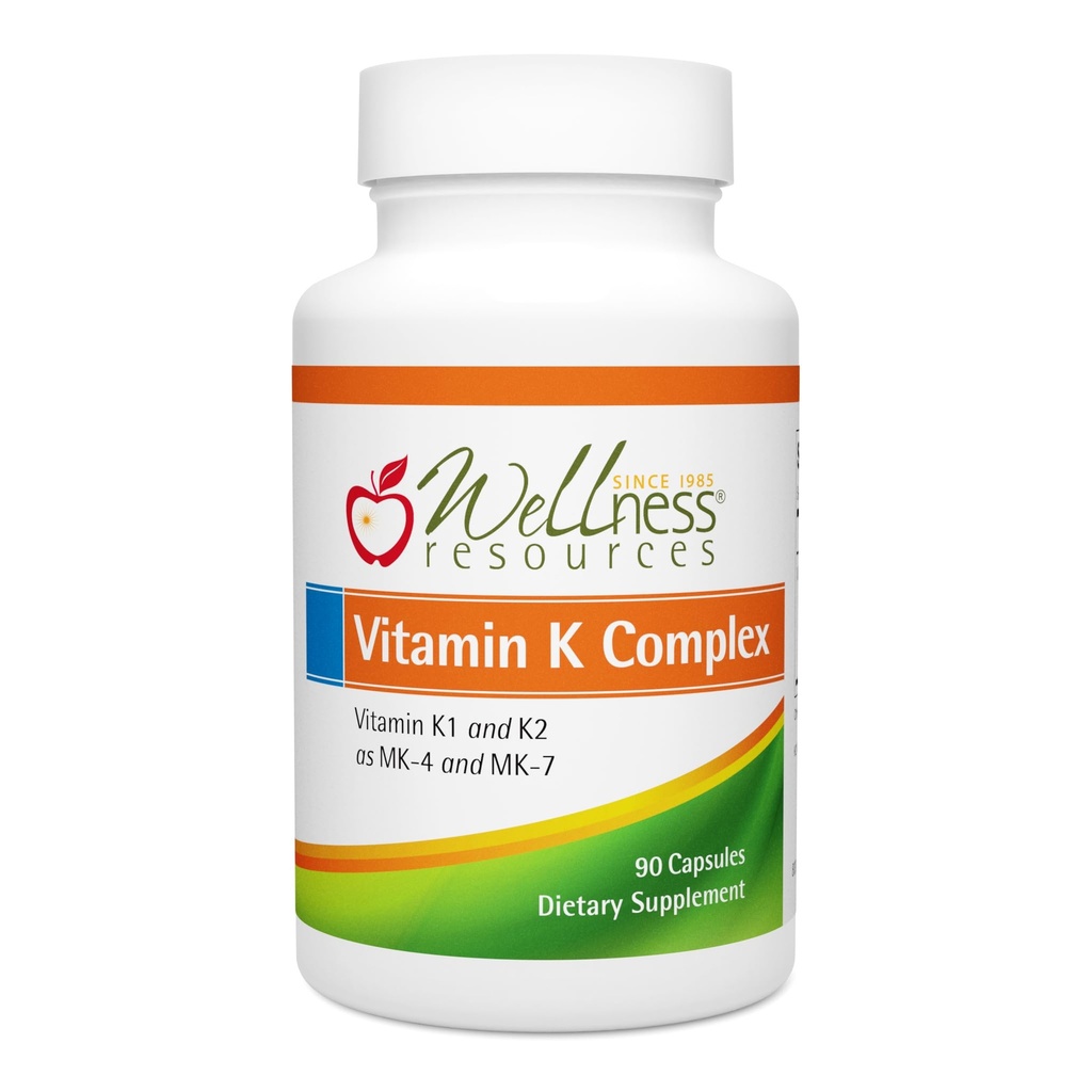 Ressources de bien-être Supplément complexe de vitamine K - 600 mcg Vitamine K2 (comme MK-4 et Trans MK-7) et 1000 mcg K1- Force osseuse et santé cardiaque - K2 Supplément vitamine - 90 capsules Non-OGM