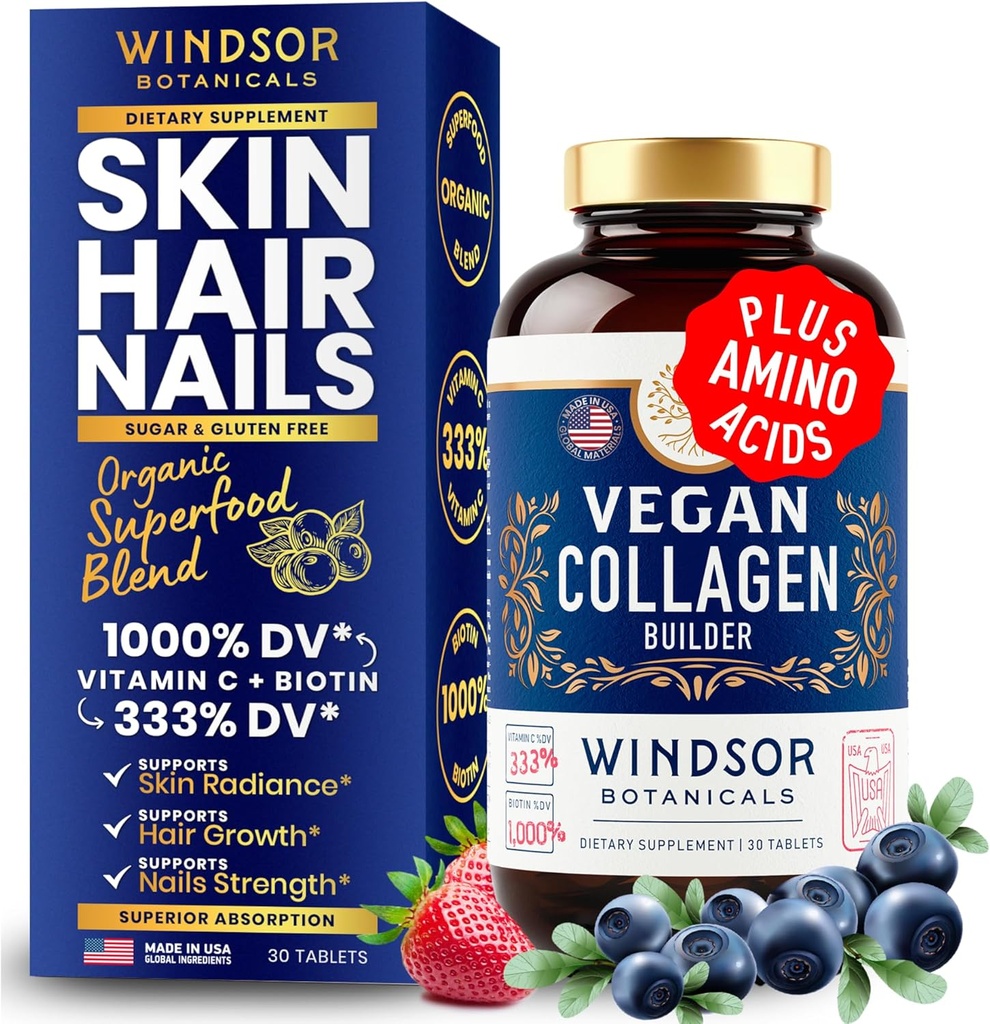 Vegan Collagen for Women and Men Supplements - Vitamin C, Biotin, Amino Acids Glycine, Lysine, Proline, Organic Fruit & Vegetable Powder - Once A Day - 30 Plant Based Collagen Boost Tablets