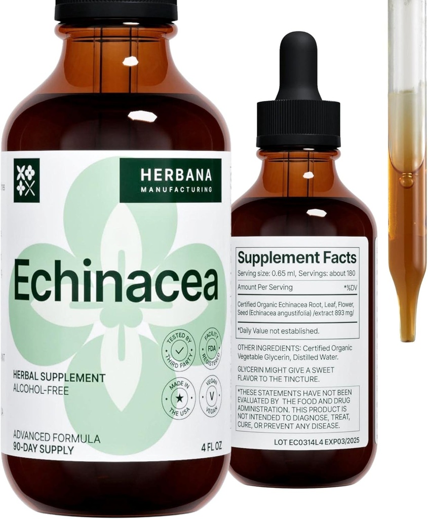 Echinacea 4 fl oz Extrait liquide - Racine organique, feuille, fleur, graine - supplément naturel à base de plantes - Corps, système immunitaire Teinture de soutien - gouttes de puissance élevée - approvisionnement de 90 jours - taille de la famille