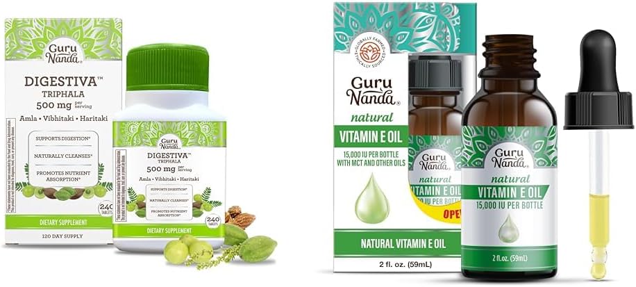 GuruNanda Digestiva Triphala (240 comprimés) et huile de vitamine E (2 Fl Oz) - soutient la digestion, aide à la Bloating & Constipation, complément alimentaire avec Amla, Haritaki & Bibhitaki