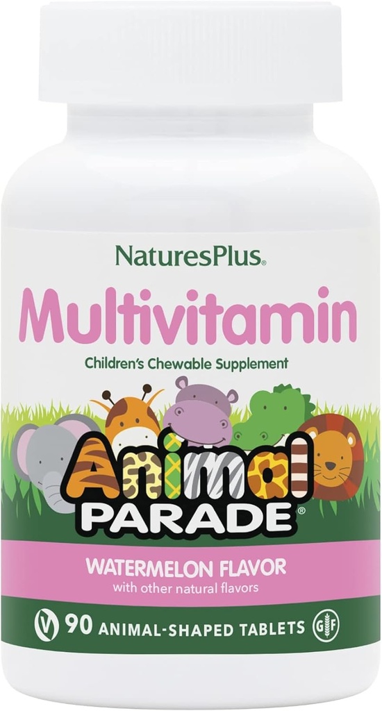 Natures Plus Parade animale Multivitamines Enfants - Nourriture de pastèque - 90 comprimés en forme d'animal - Promotion de la santé et du bien-être - Végétarien, sans gluten - 45 portions