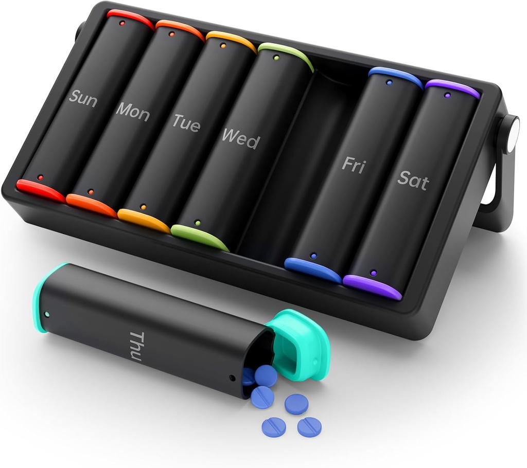 Organisateur hebdomadaire de pilules 2 fois par jour, KOVIUU Grande boîte de pilules de voyage 7 jours, Am Pm deux fois par jour cas de pilules avec poignée rotative, contenant de la pilule semaine pour supplément de vitamine médecine Huile de poisson, noir