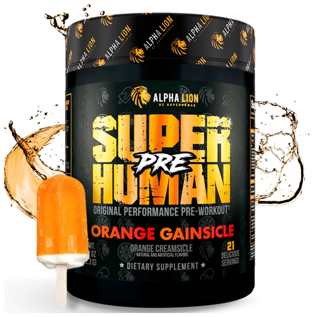 ALPHA LION Poudre pré-entraînement surhumaine, Beta Alanine, L-Taurine et caféine Tri-Source pour l'énergie soutenue et focale, oxyde nitrique et citrulline pour pompe (21 portions, gaine orange)