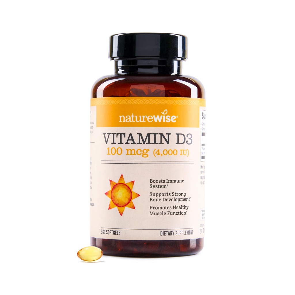 NatureWise Vitamine D3 4000iu (100 mcg) 1 an d'approvisionnement pour le soutien immunitaire, la fonction musculaire saine et la santé des os - Non-OGM, sans gluten dans l'huile d'olive vierge extra biologique, (Mini Softgel), 360 comte