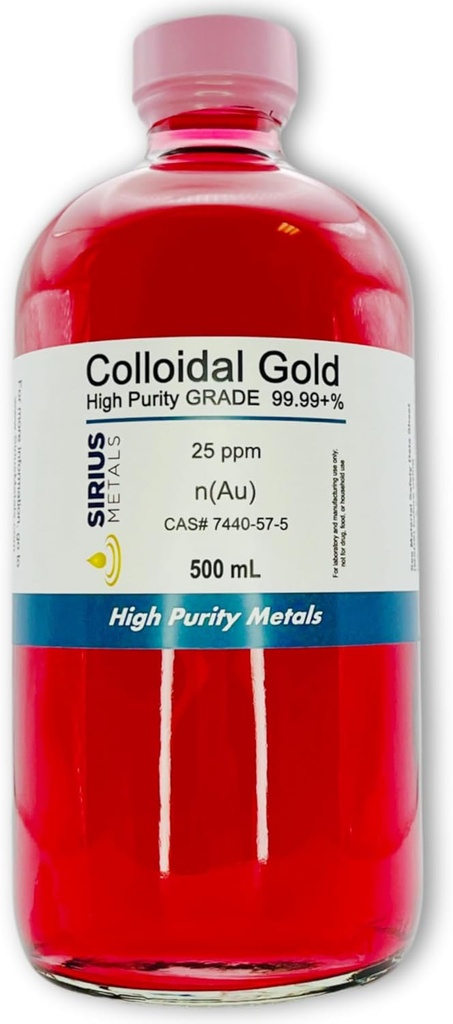 Vrai Or colloïdal – 25 ppm - 99,99+% Pureté - 500 ml (16,9 Fl Oz) en bouteille en verre - Fabriqué aux États-Unis