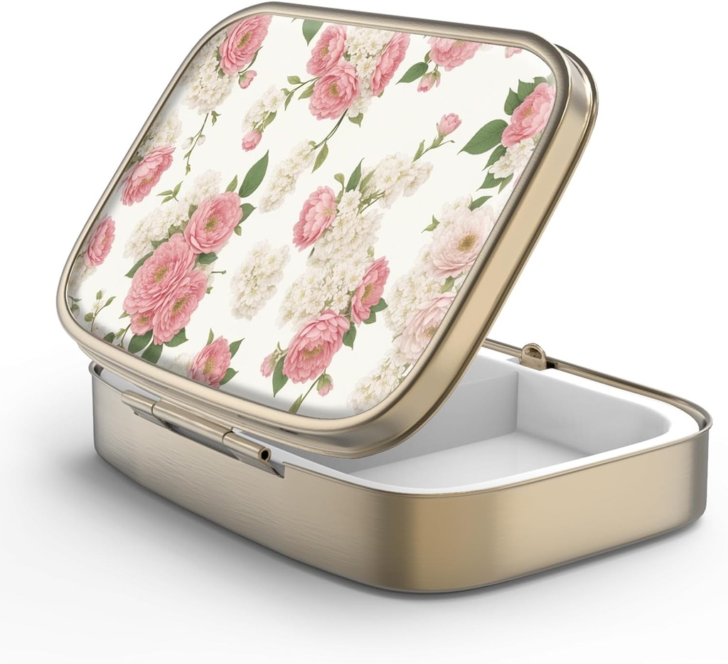 Pill Case Pill Box with Mirror Retro 2 Compartiment Petite Pill Case for Purse or Pocket Bronze Pill Box or Vitamines, Huile de poisson, Suppléments, Pill Containe Travel Gifts (Retro Pink Floral)