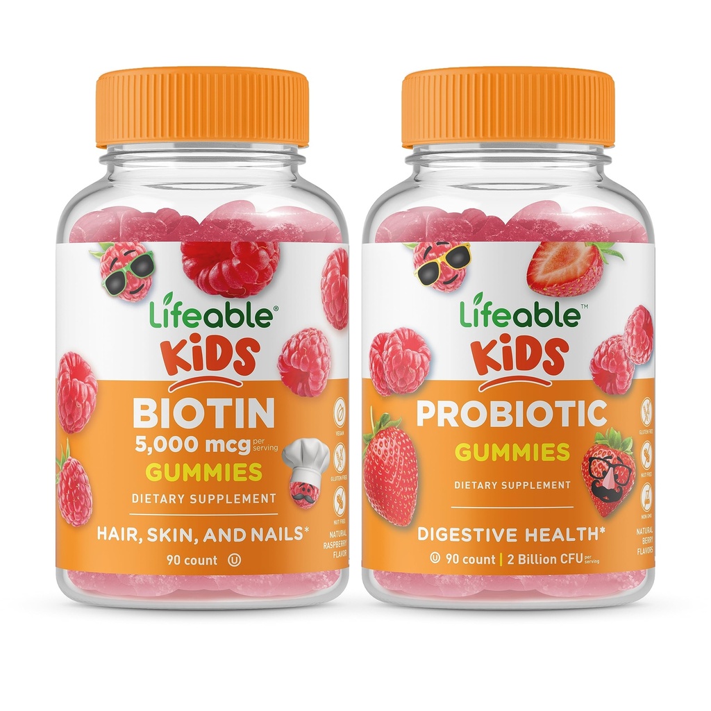 Biotine Lifeable Kids + Probiotique 2 milliards CFU Enfants, Gummies Bundle - Grande dégustation, supplément de vitamine, sans gluten, sans OGM, gummy à croquer