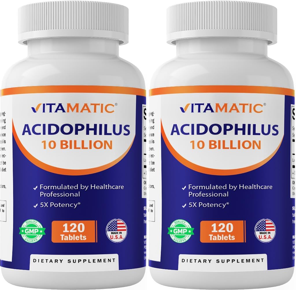 Vitamatic 2 Packs Acidophilus Probiotic - 10 Million CFU - 120 Comprimés - 5X Potence - Supplément probiotique quotidien, soutient la santé digestive (Total 240 Comprimés)