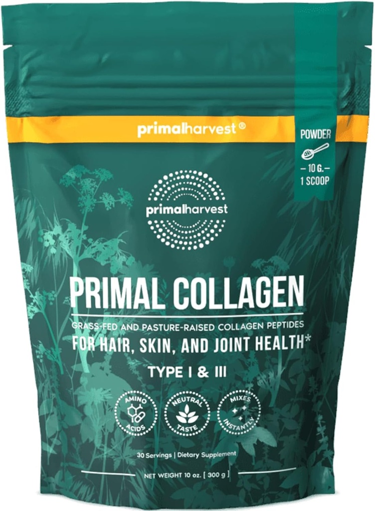 Primal Harvest Collagen Poudre pour femmes ou hommes Primal Collagen Peptides Poudre de type I et III, 10 Oz Collagen Protéine Poudre pour cheveux, peau, ongles (simple, non aromatisé)