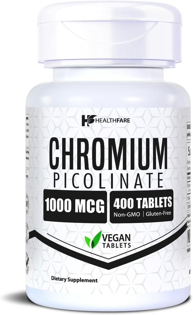 HealthFare Chromium Picolinate 1000mcg , 400 comprimés végétaliens , supplément minéral haute absorption , soutient le sucre sain Métabolisme et l'absorption nutritive , non-OGM , sans gluten , Fabriqué aux États-Unis