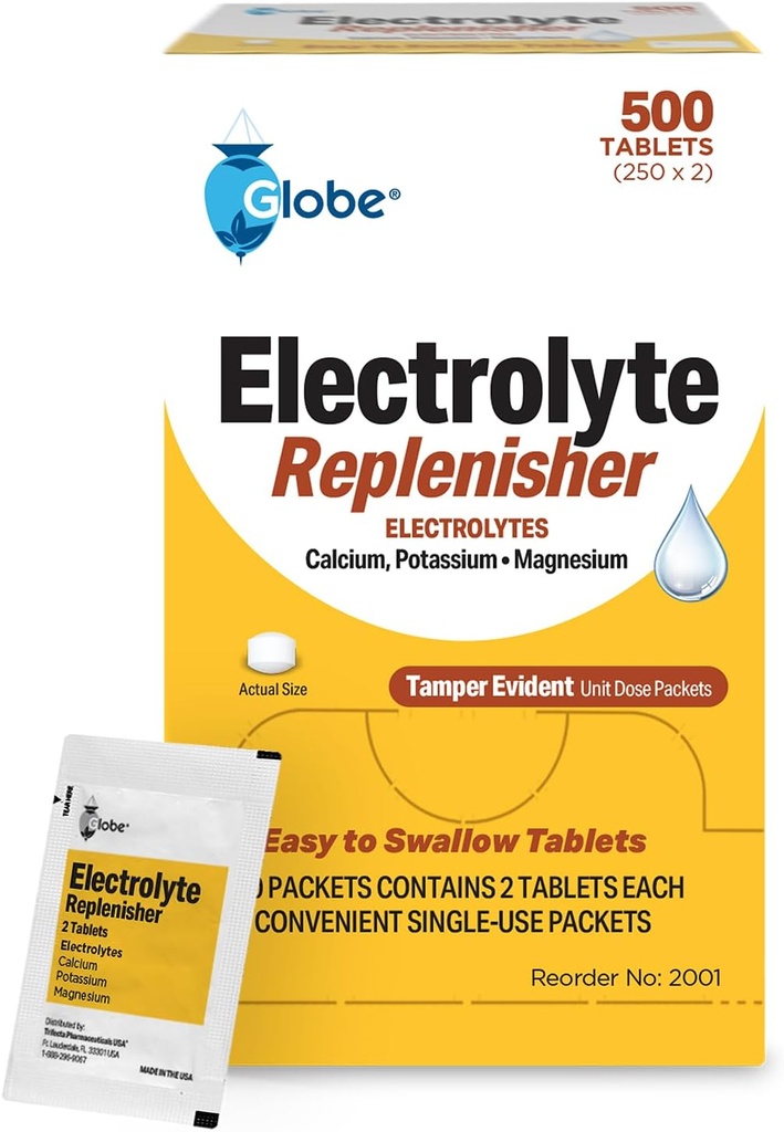 Comprimés de remplacement Globe Electrolyte pour l'hydratation rapide et la récupération d'exercices (500 comprimés, 250 paquets de 2) pour les athlètes, randonnées et sports, paquets de voyage avec des nutriments clés pour l'endurance optimale