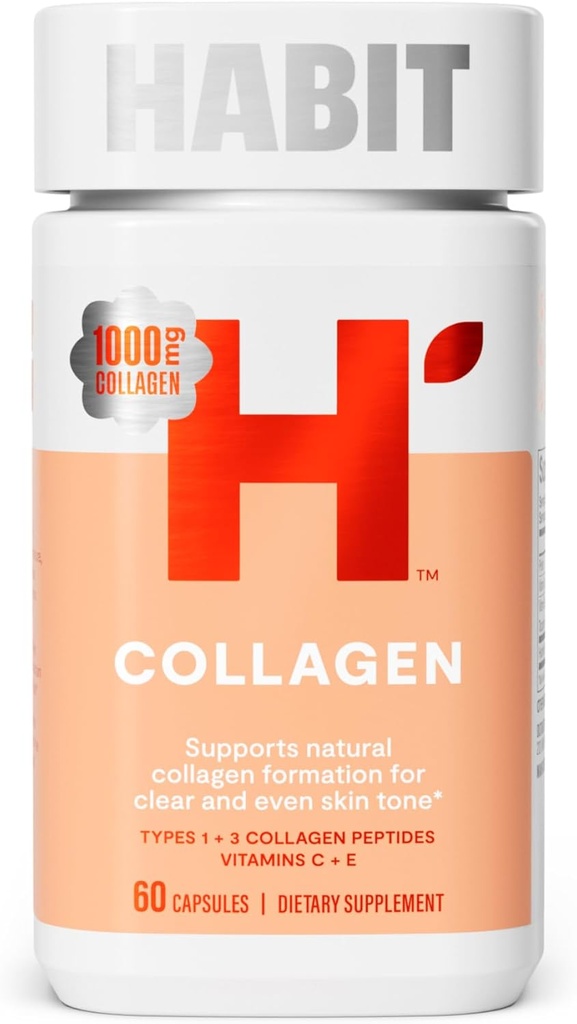 Supplément de collagène Habit (60 capsules) - Nouveau look, 2000mg Peptides de collagène, vitamine C et vitamine E, santé de la peau, antioxydants, non-OGM, sans gluten (1 emballage)