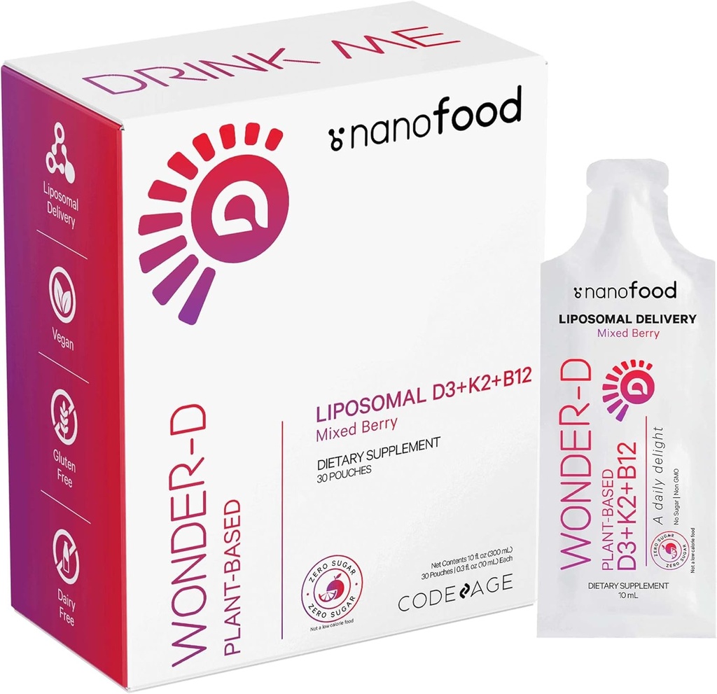 Codeage Sachet de supplément liquide de vitamine D3 liposomique, Cholecalciferol Végétalien Multivitamine liquide, Vitamines végétales K2 B12, Phospholipides non OGM, Vitamine E, Arôme de Berry - 30 Pouches