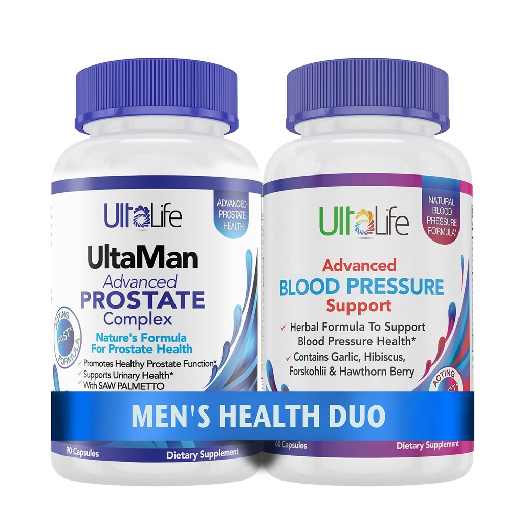 ULTALIFE Duo pour la santé des hommes - 2 bouteilles - Un complexe de soutien de la prostate avec Saw Palmetto & Beta Sitostérol et un supplément de pression artérielle élevée avec des capsules à action rapide de Berry à l'ail et à l'aurore pour hommes