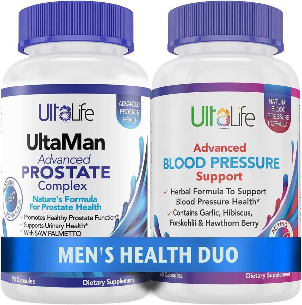 ULTALIFE Duo pour la santé des hommes - 2 bouteilles - Un complexe de soutien de la prostate avec Saw Palmetto & Beta Sitostérol et un supplément de pression artérielle élevée avec des capsules à action rapide de Berry à l'ail et à l'aurore pour hommes