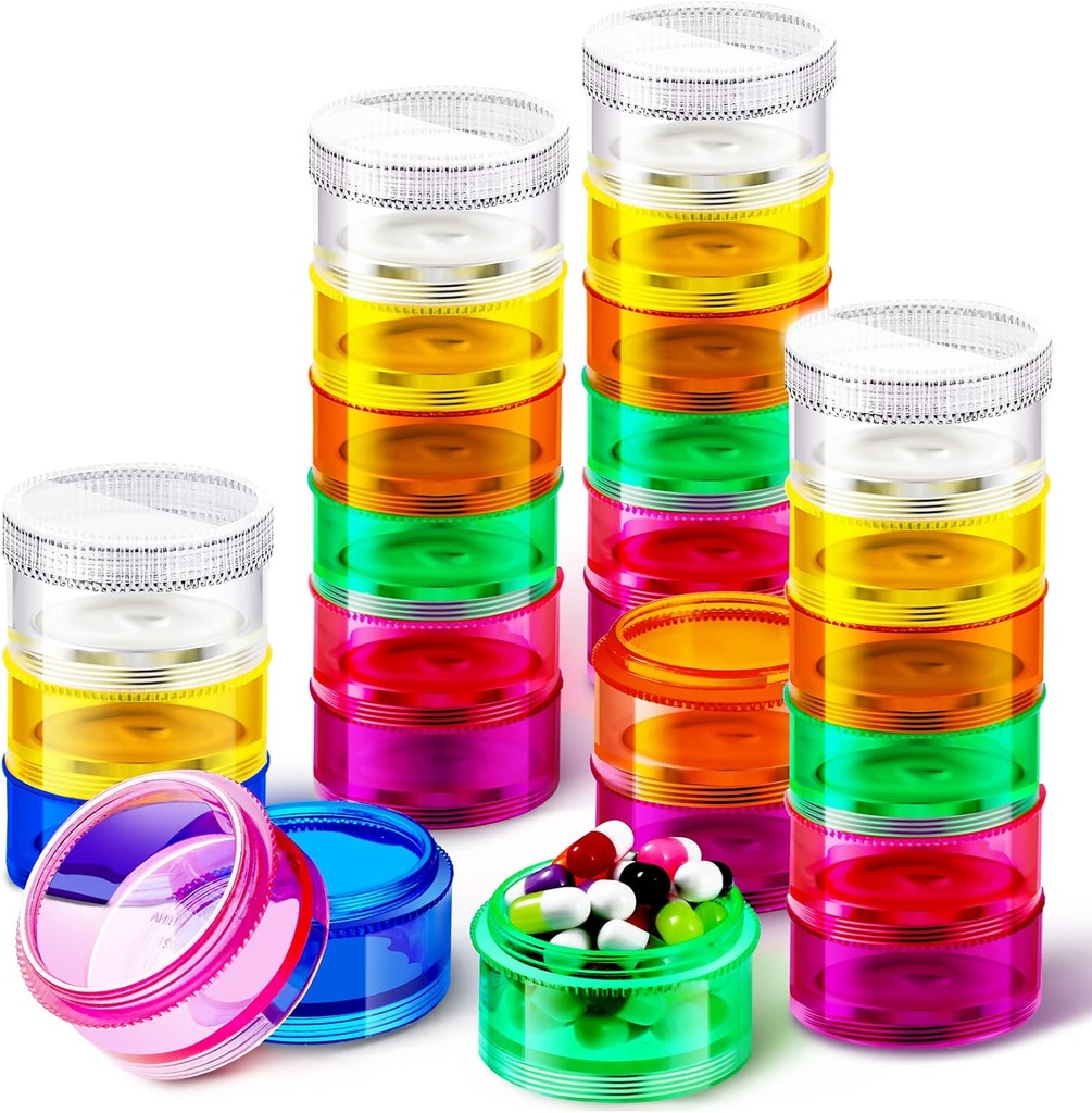 Sieral 7 jours Stackable Pill Organizers 7 Compartiments Round Pill Boxes Tower Weekly Vitamine Individual Storage Containers Travel Cases with Lids for Mediciations, Vitamines and Complements(4 Sets)