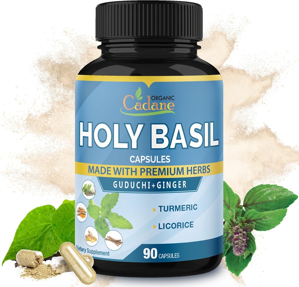 Compléments de Basilic Saint Cadane Bio, 5en1 avec Guduchi, Ginger, Curcumine curcuma, réglisse - Immunice de soutien - 90 Capsules pendant 3 mois