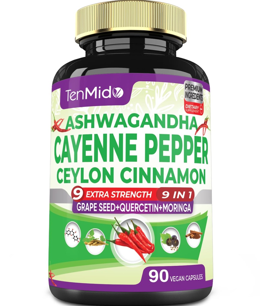 Cayenne Pepper Suppléments Capsules, 3 mois d'approvisionnement et Ashwagandha, Ceylan Cinnamon, Graines de raisin, Quercetin, Moringa, Ginkgo Biloba - Bien-être cardiaque, favorise la santé digestive -90 capsules