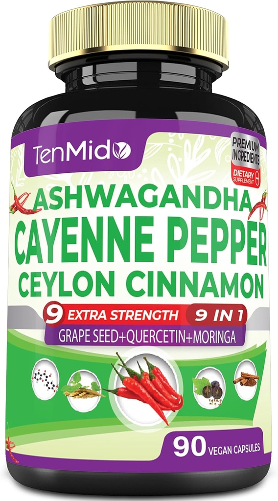 Cayenne Pepper Supplements Capsules, 3 Months Supply & Ashwagandha, Ceylon Cinnamon, Grape Seed, Quercetin, Moringa, Ginkgo Biloba - Heart Wellness, Promotes Digestive Health -90 Caps