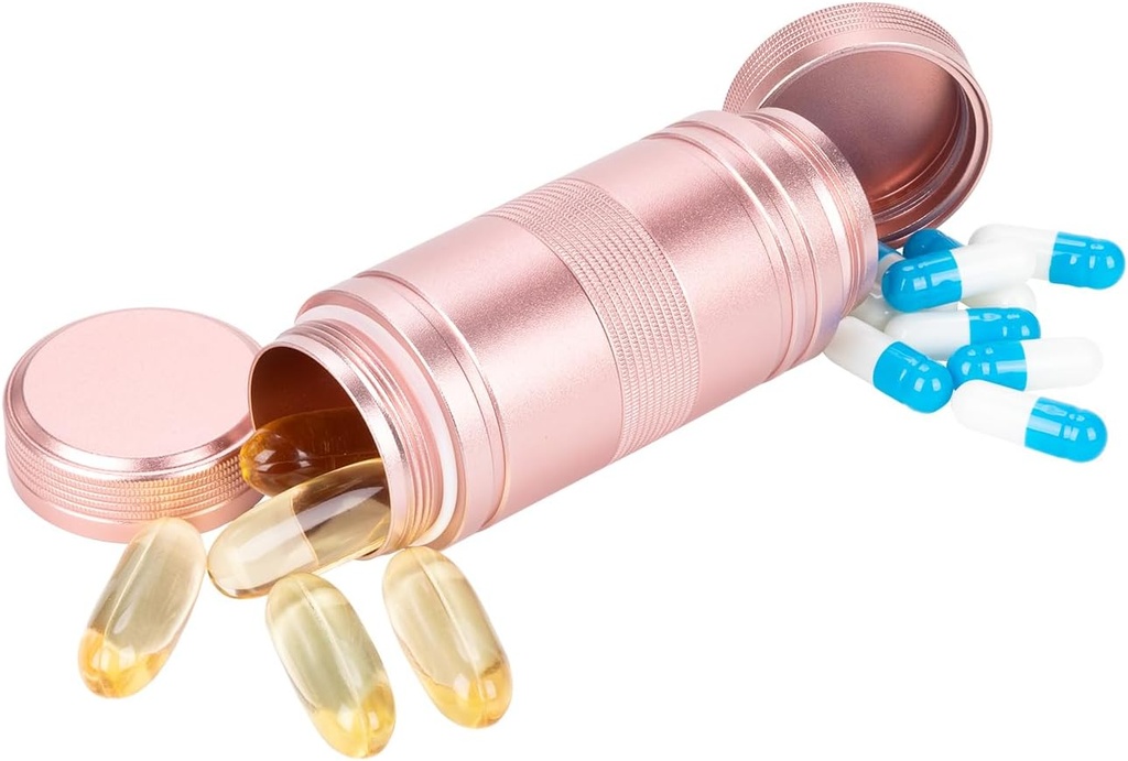 Petite boîte à pilules Cas de pilules en métal - Portable Pill Container étanche pour la purse de poche, Support de pilule quotidienne de voyage, Organisateur de médicaments pour les vitamines / huile de poisson / suppléments Pink 1 Pack