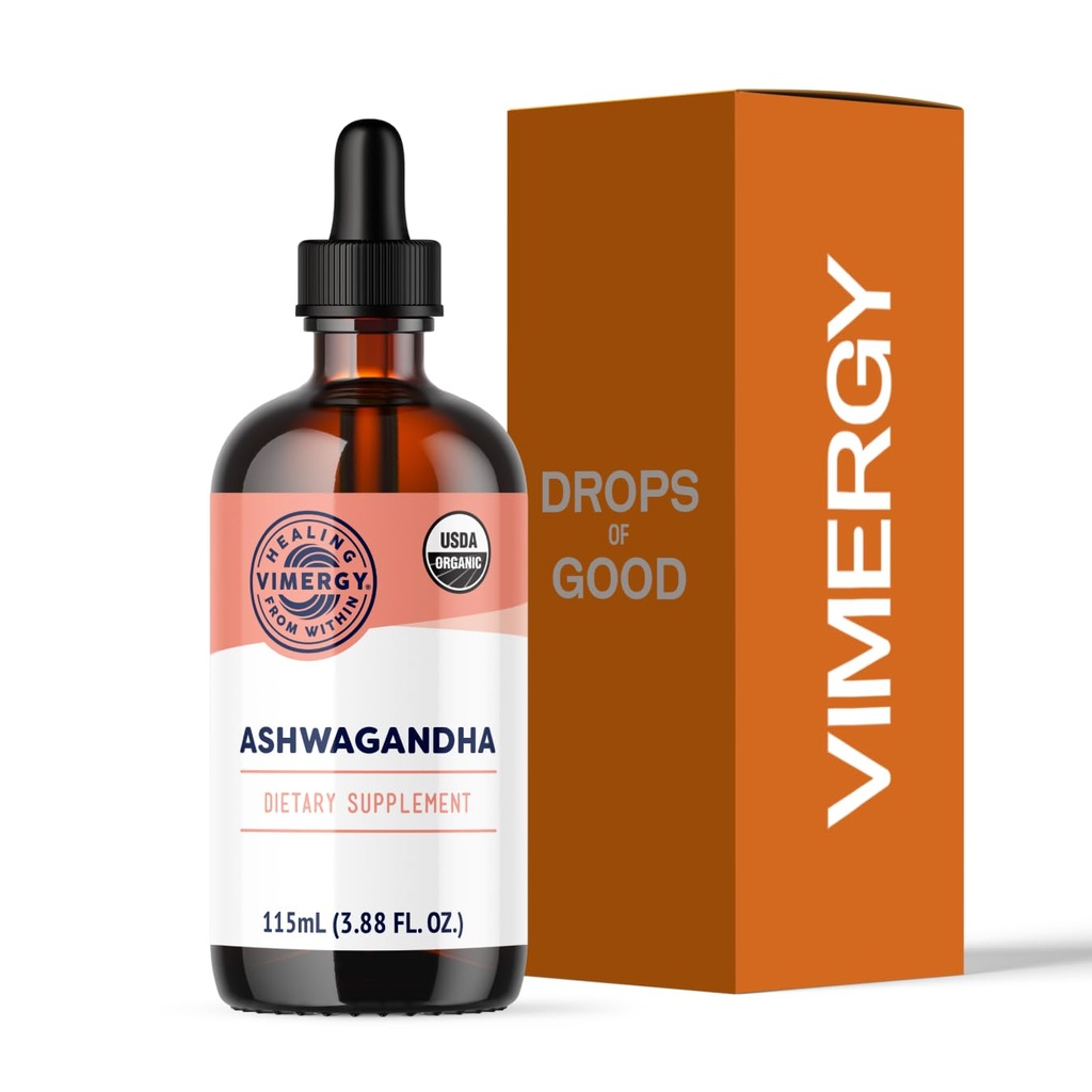Vimergy USDA extrait liquide d'Ashwagandha biologique, 57 portions – gouttes supplémentaires de stress – Adaptogène - soutient la fonction cognitive – soutien du sommeil – sans alcool, non-OGM, végétalien et paléofriendly (115 ml)