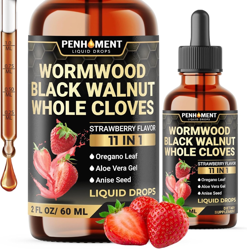 11in1 Gouttes liquides de wormwood - Extrait liquide de wormwood noir avec des vêtements entiers, Reishi, Peppermint, Origan, Aloe Vera, Anis Seed - 2 FL OZ - 60 jours d'approvisionnement - Fraise