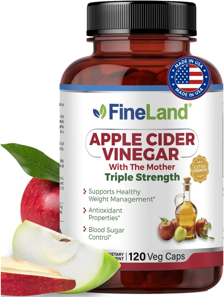Capsules de vinaigre de cidre de pomme FineLand avec la mère et les probiotiques – 120 Capsules de légumes – 1600mg Eq. per seving – Digestive, Detox & Gut Health Support – Non-OGM, 100% végétalien Fabriqué aux États-Unis