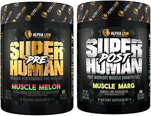 ALPHA LION Pré-entraînement surhumain Poudre et post-entraînement Recovery Bundle, Sustained Energy & Focus + Lean Muscle Growth, Strength & Volume (Mélone musculaire et marge musculaire)
