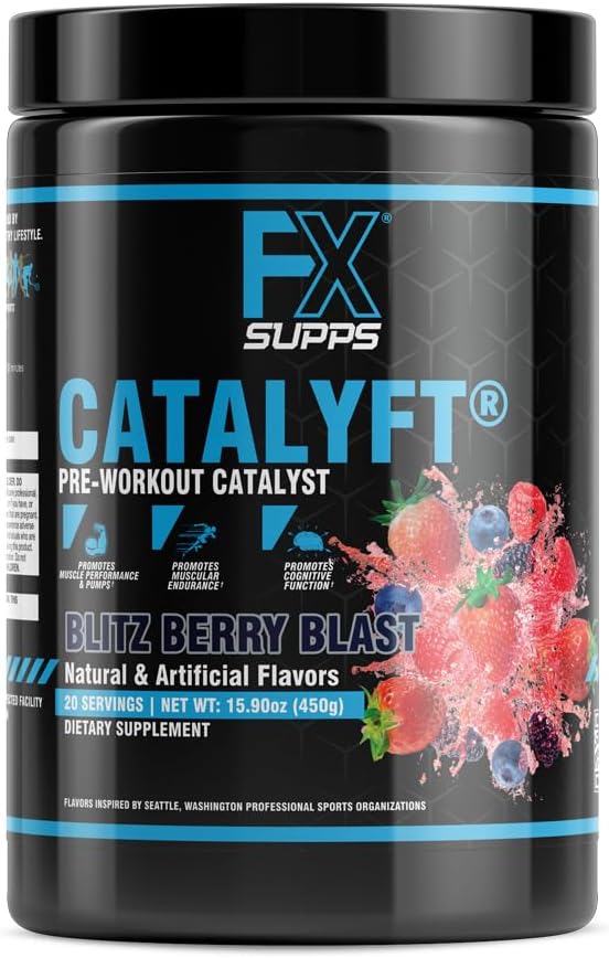 FXSUPPS Catalyft Poudre de pré-entraînement pour hommes et femmes Blitz Berry Blast Dietary SupplémentMix avec créatine, caféine et bêta-alanine.