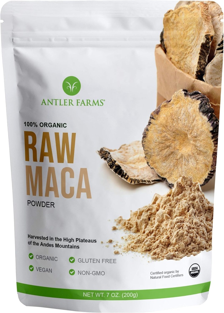 Fermes Antler - 100% poudre de maca crue biologique pure, 40 portions, 200g - végétalien, sans gluten, séché au soleil, transformé à froid, cultivé à l'extérieur dans les Andes centrales du Pérou, certifié USDA biologique