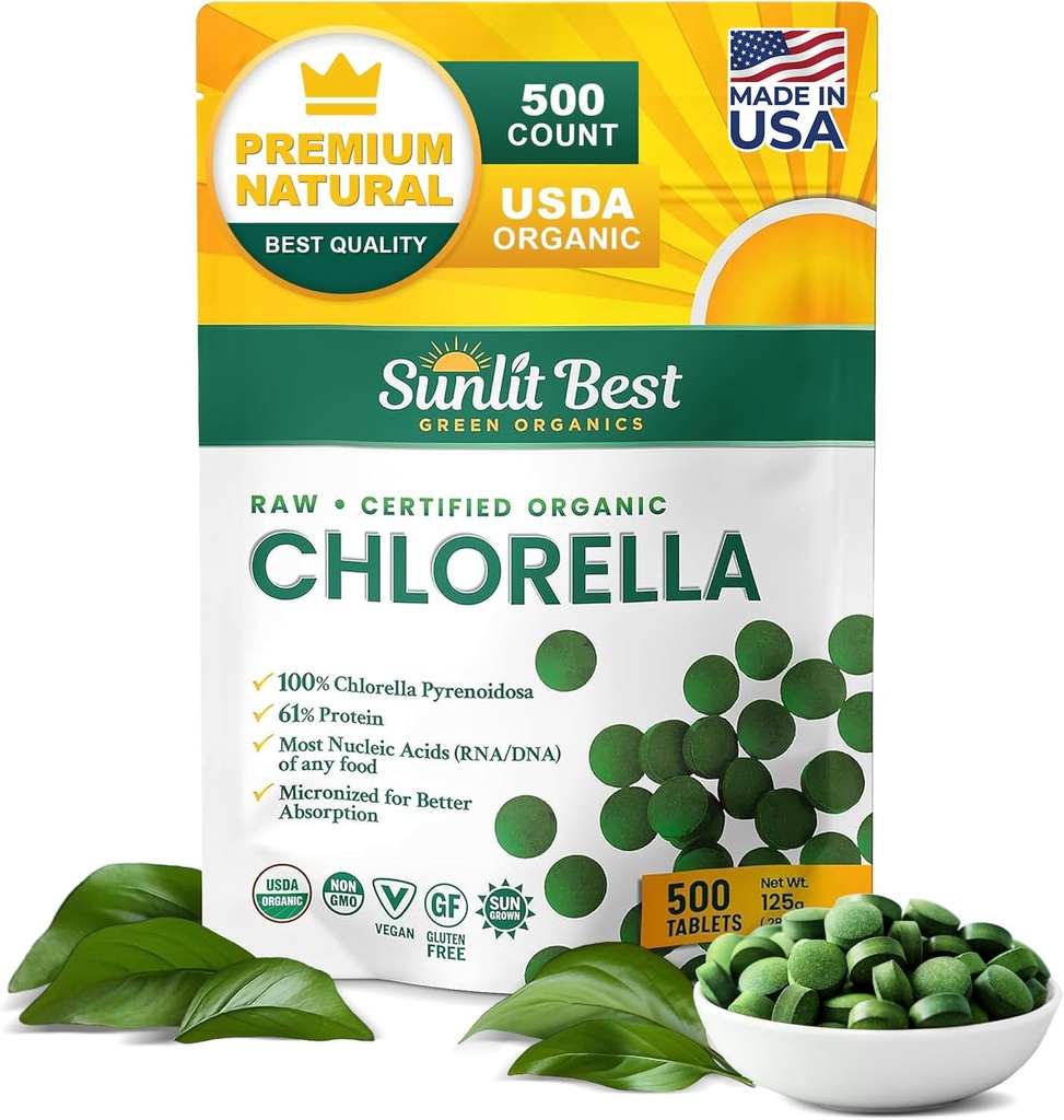 Sunlit Best USDA Organic Premium Chlorella Comprimés 500 Tabs 100% Pure Chlorella Superfood Supplément élevé en protéines, chlorophylle, vitamines et minéraux
