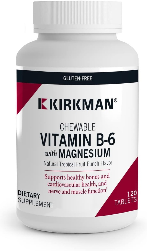 Kirkman - Vitamine B6 avec Magnésium - 120 comprimés - Vitamine potentielle B6 et supplémentation en magnésium - Wafer à croquer - Hypoallergénique