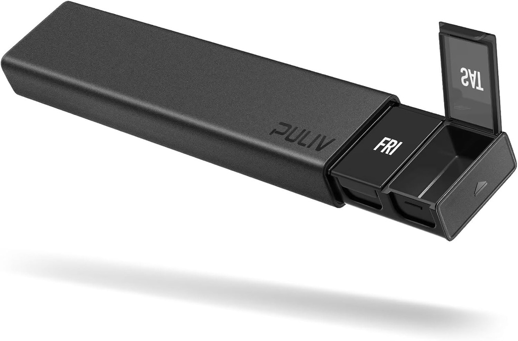 PULIV Dual Black Lightproof Weekly Pill Organizer, Extra Large Travel Pill Box 7 Day avec la protection de la vie privée Design, BPA-Free boîtes de pilules quotidiennes pour les vitamines, huiles de poisson, médicaments, suppléments