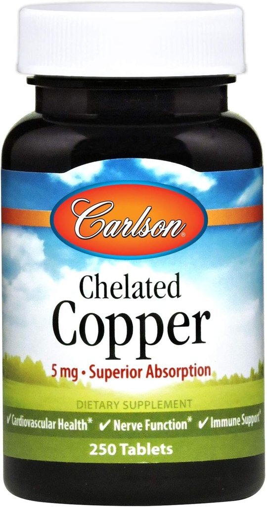 Carlson - Cuivre chélaté, 5 mg, Absorption supérieure, santé de la circulation, fonction nerveuse et support immunitaire, 250 comprimés
