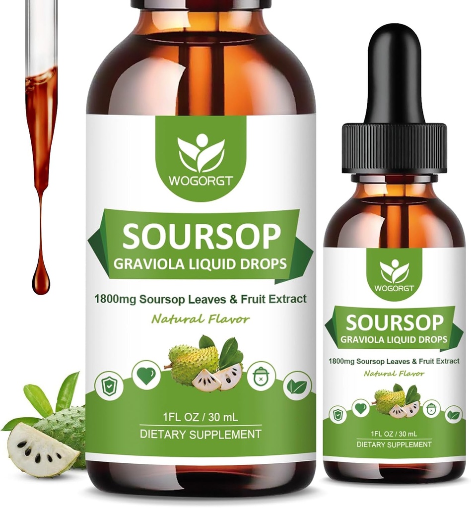 (2 Pack) Soursop Graviola Liquid Drops - 1800mg Soursop Extract - High Absorption Sour sop Bitters Liquid for Cell Support & Regeneration, Immune Support, Antioxidant, Relaxation, Sugar Free - 1 Fl Oz
