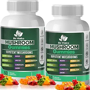 Gommies de champignons – 10 Complexe de champignons avec Mane de Lion, Reishi, Chaga, Cordyceps et plus – Gummes végétaliens fruités – Non-OGM, sans gluten, à base végétale – 2 emballages
